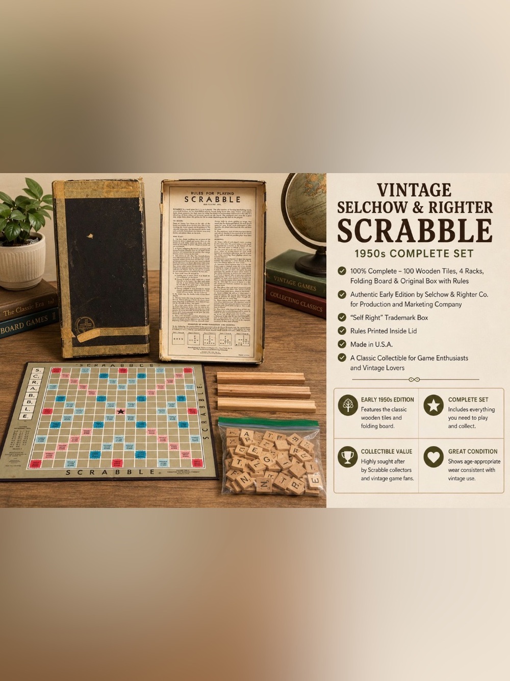 Vintage Selchow & Righter Scrabble Board Game 1953 Complete Wood‎ Tiles